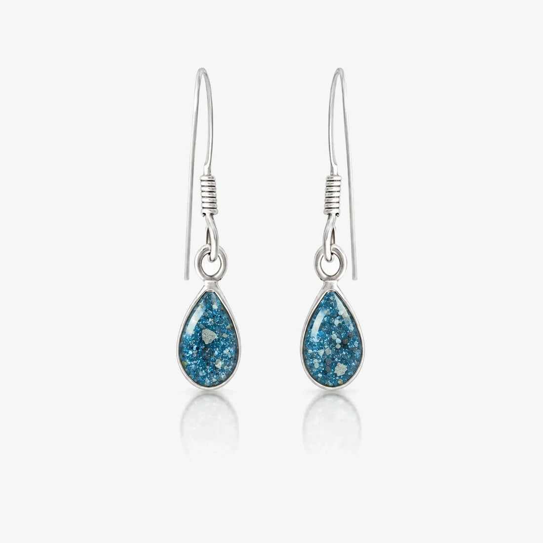 Tear Drop Ashes Earrings in Sky Blue with visible inclusions