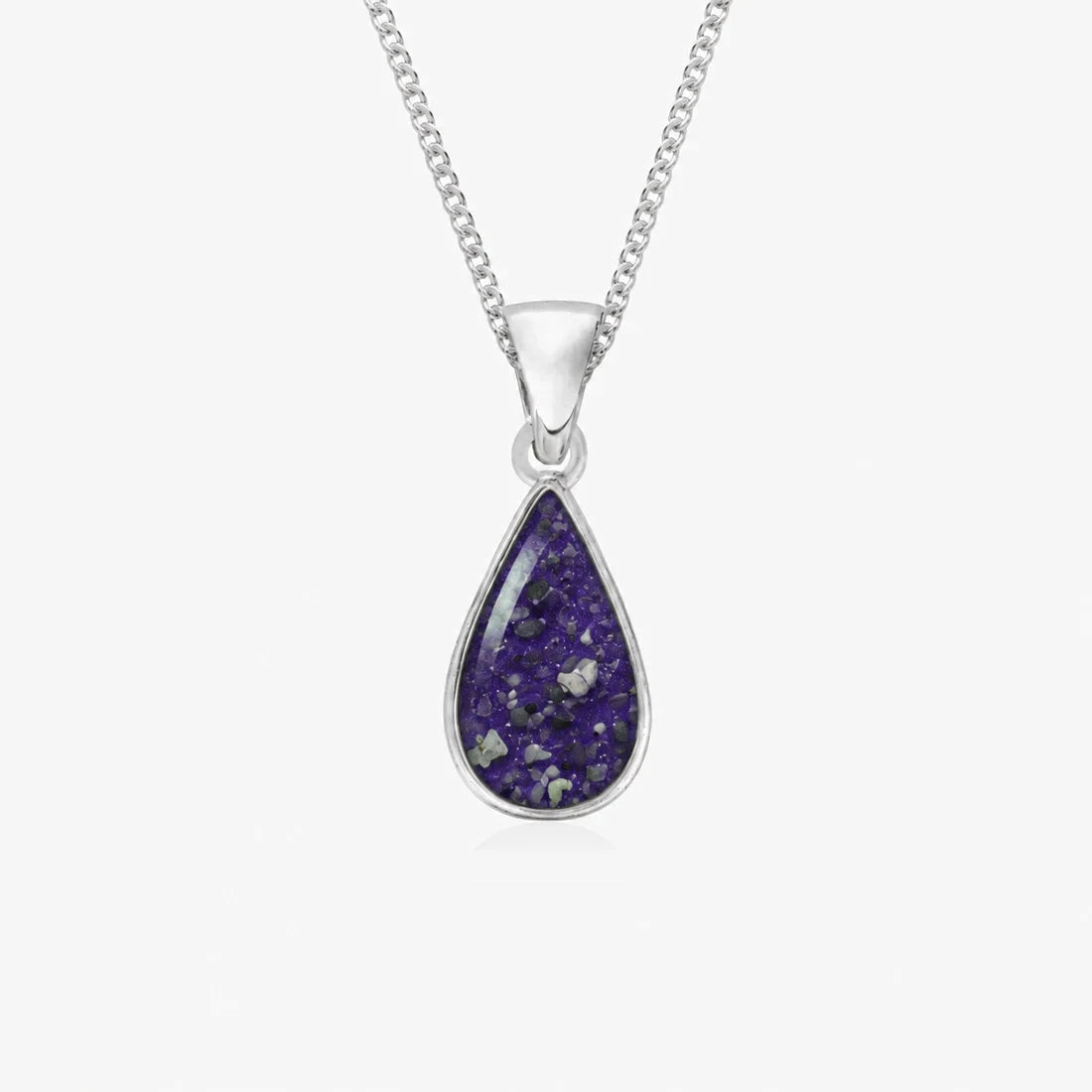 Tear Drop Ashes Necklace in Purple with visible inclusions