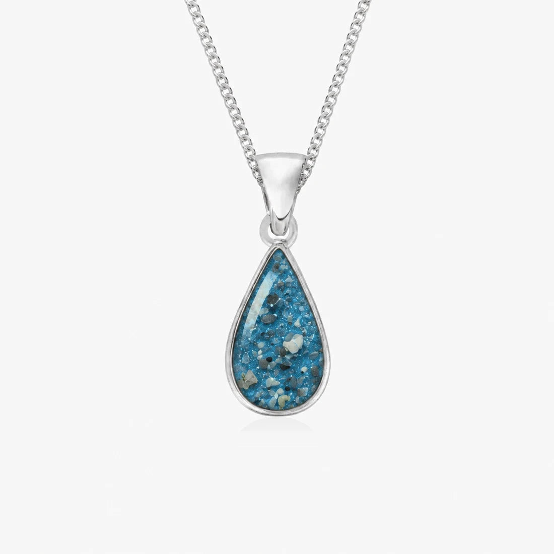 Tear Drop Ashes Necklace in Sky Blue with visible inclusions