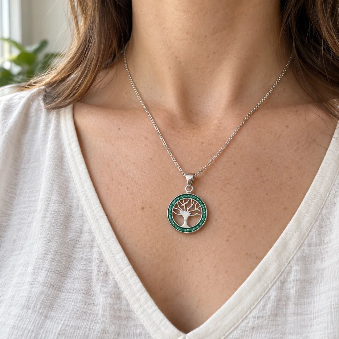 Tree of Life ashes necklace worn on an 18 inch chain, illustrative lifestyle preview