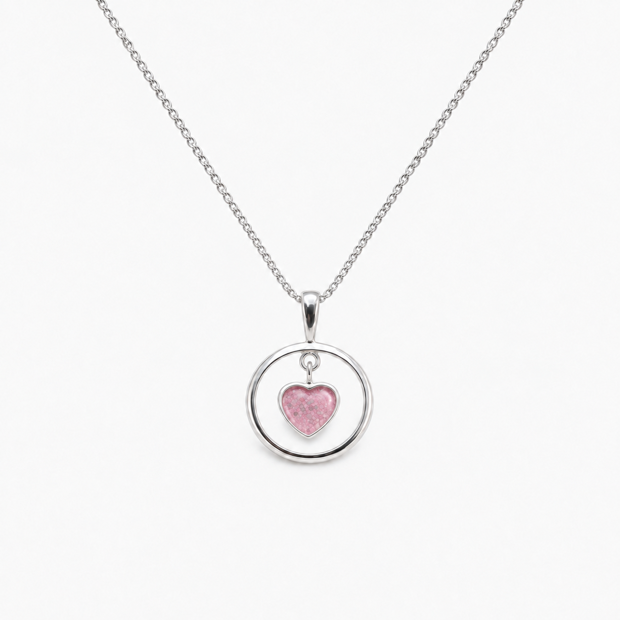 Floating Heart Ashes Necklace — Pink, visible ashes