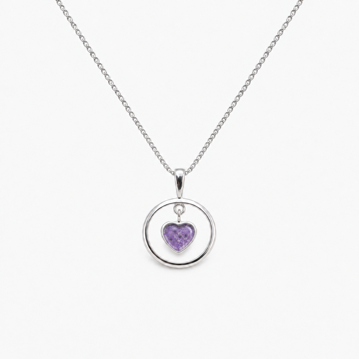 Floating Heart Ashes Necklace — Purple, visible ashes