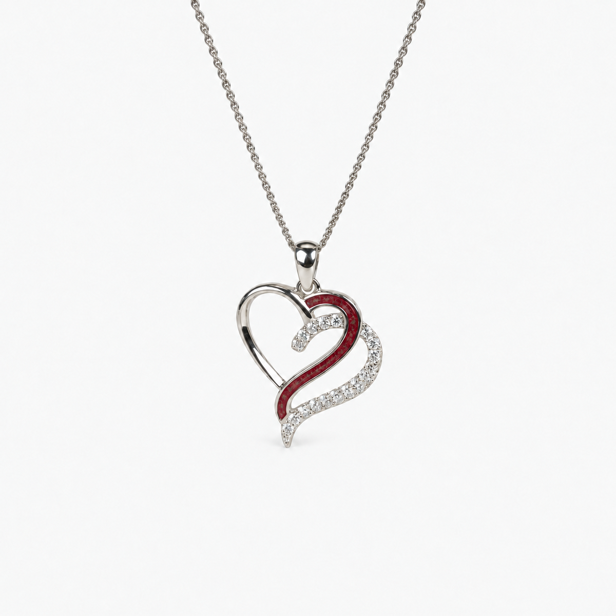 Flowing Hearts Ashes Necklace — Ruby Red, visible ashes