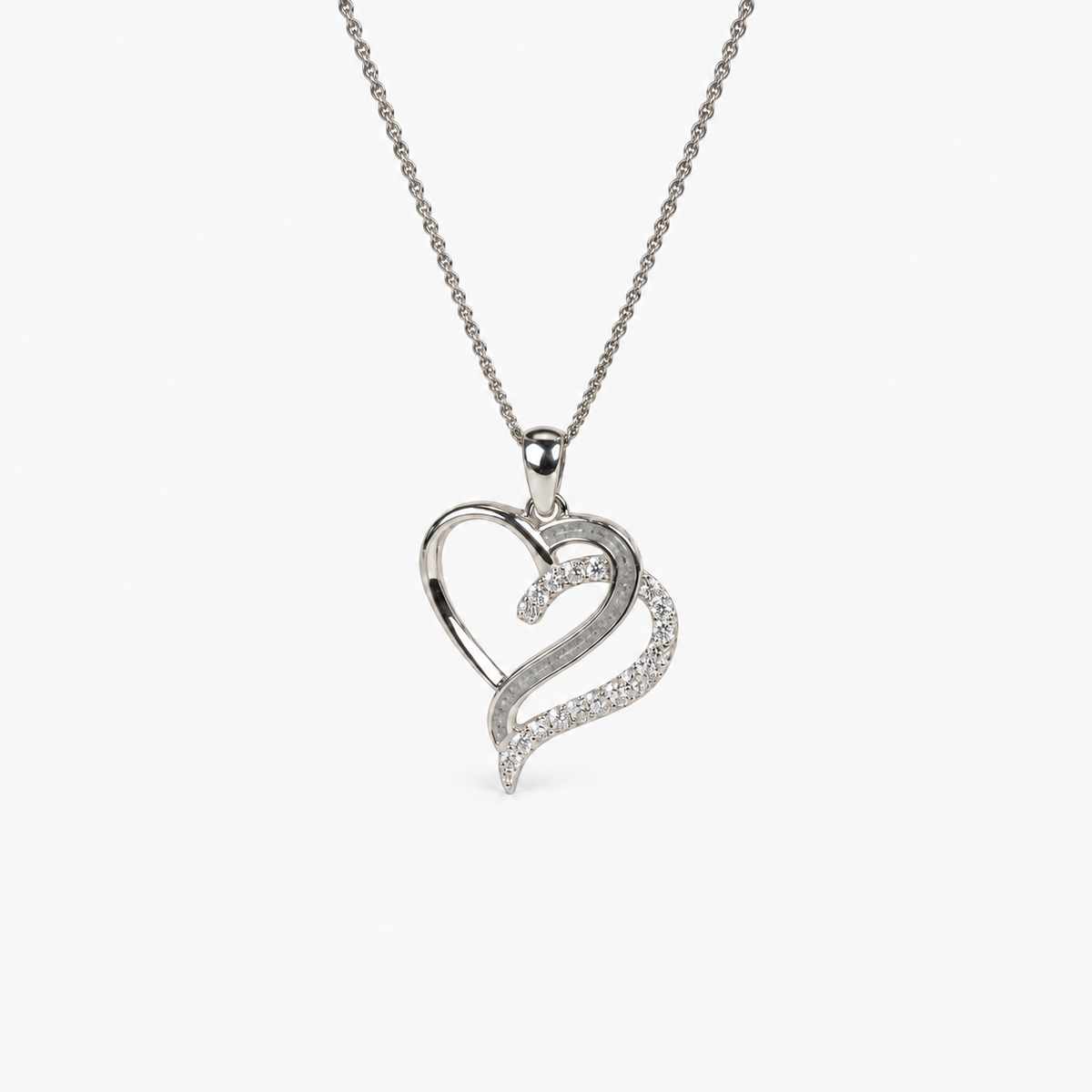 Flowing Hearts Ashes Necklace — Silver, visible ashes