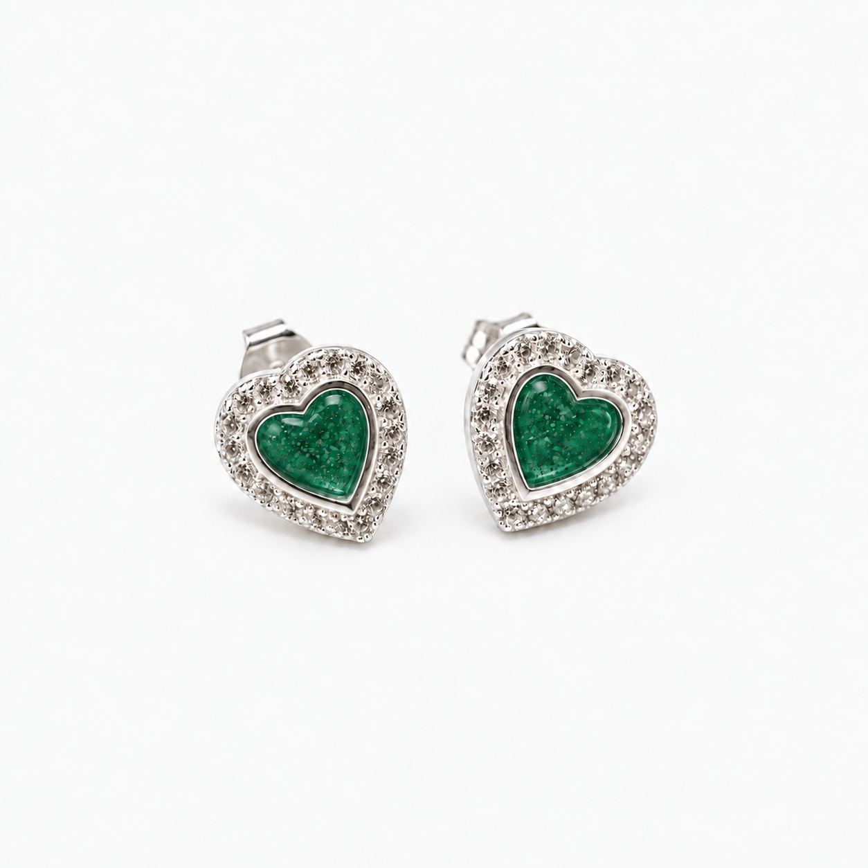 Heart Halo Ashes Earrings — Emerald, visible ashes