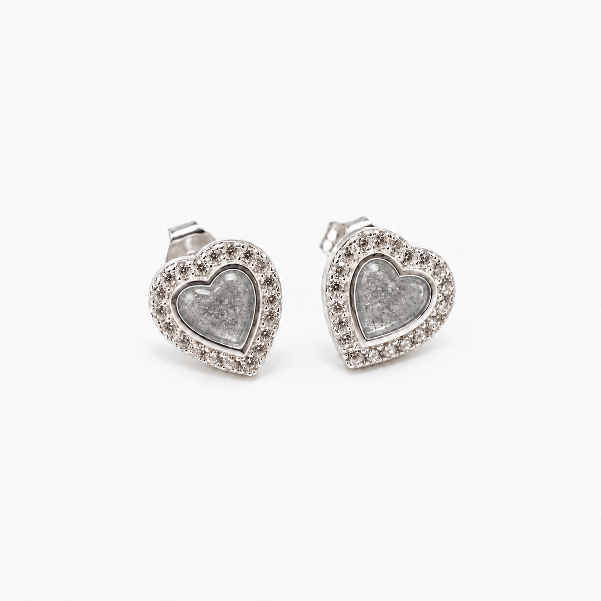 Heart Halo Ashes Earrings — Silver, visible ashes