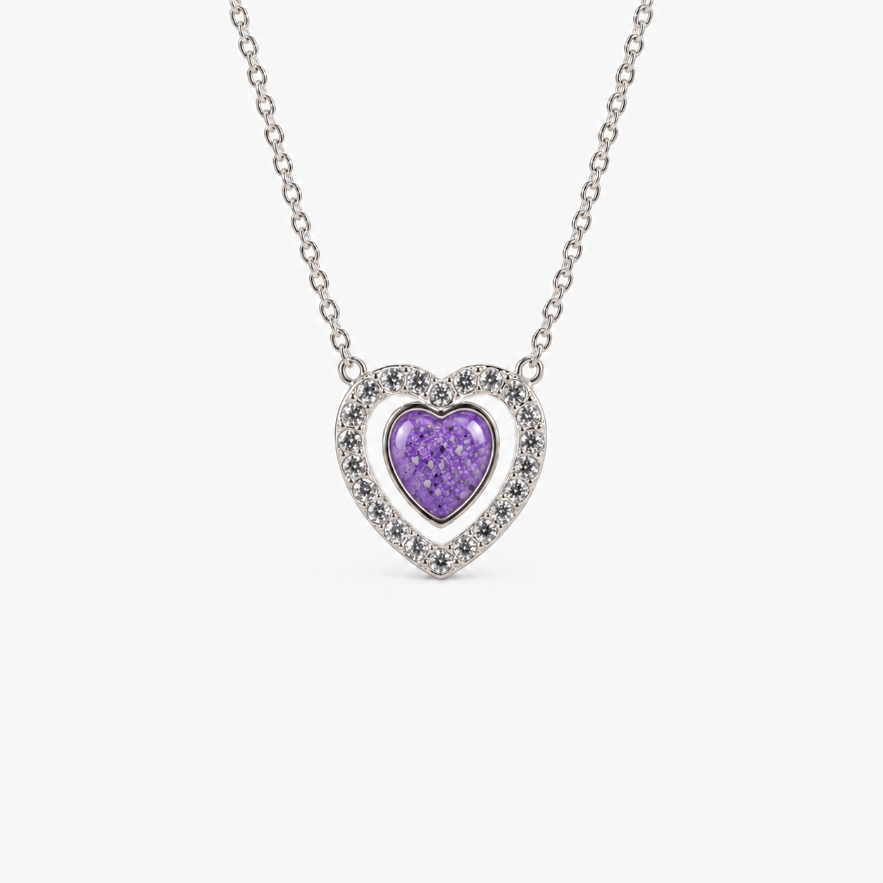 Heart Halo Ashes Necklace in Purple with visible inclusions