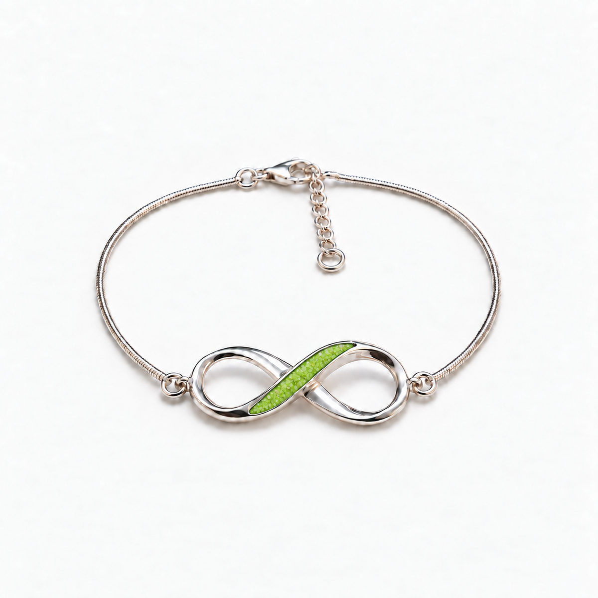 Infinity Ashes Bracelet — apple green with visible inclusions, illustrative preview