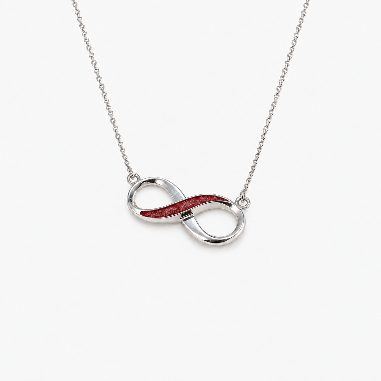 Infinity Ashes Necklace in Ruby Red with visible inclusions