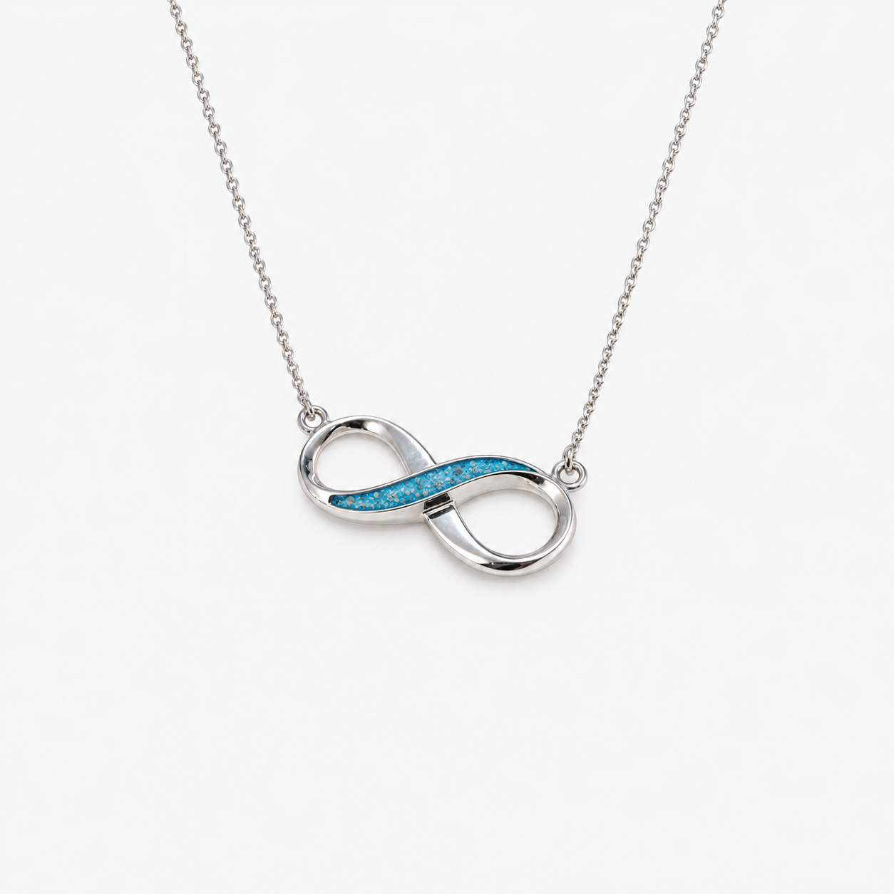 Infinity Ashes Necklace in Sky Blue with visible ashes