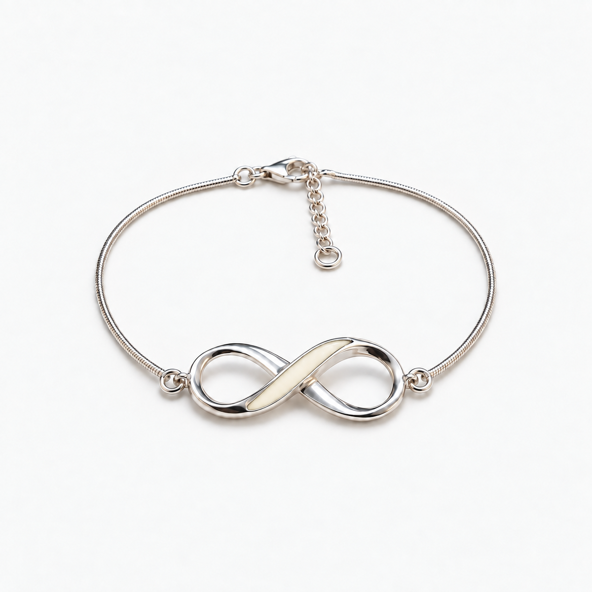 Infinity Breast Milk Bracelet in sterling silver with natural ivory resin — illustrative preview