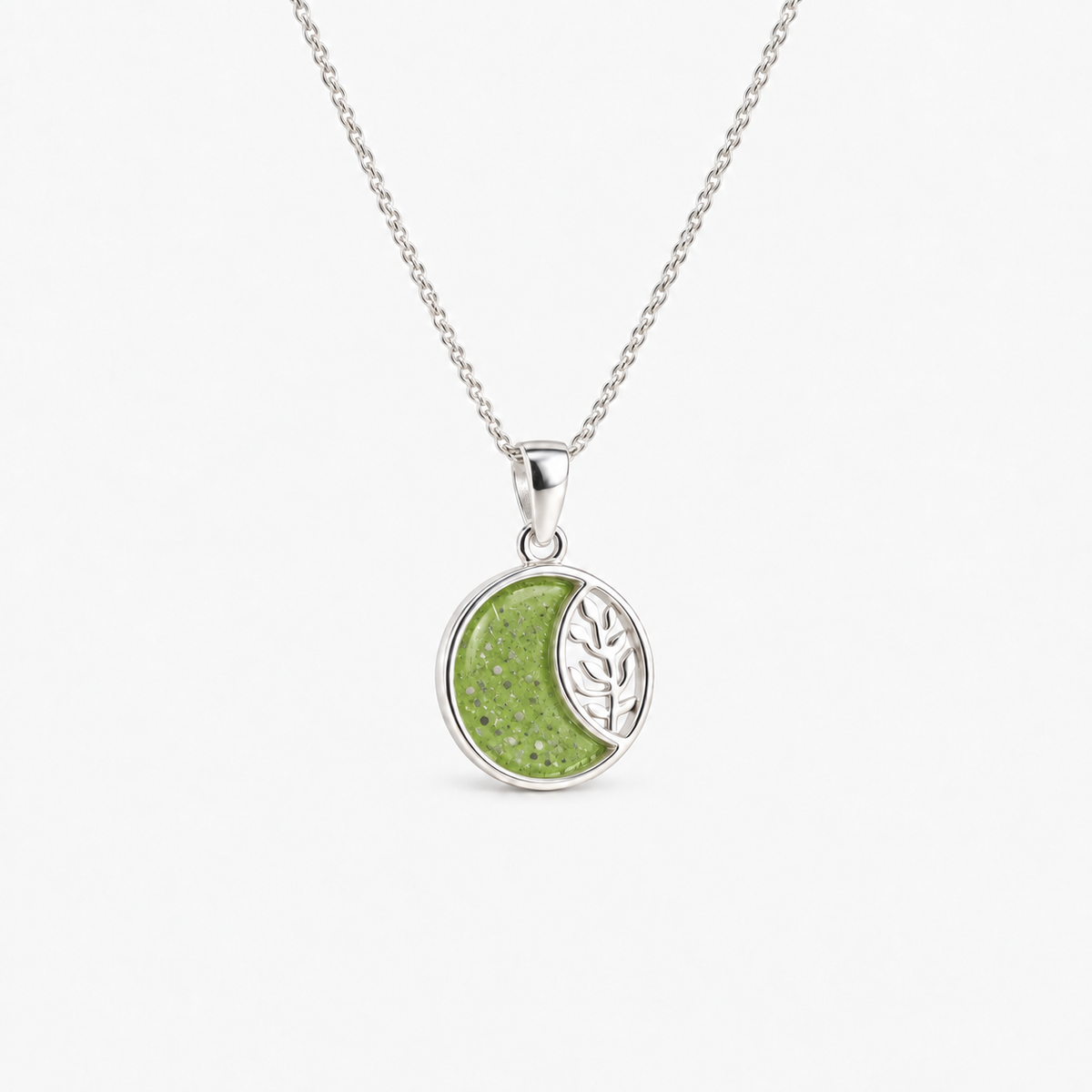 Leaf Crescent Ashes Necklace — Apple Green, visible ashes