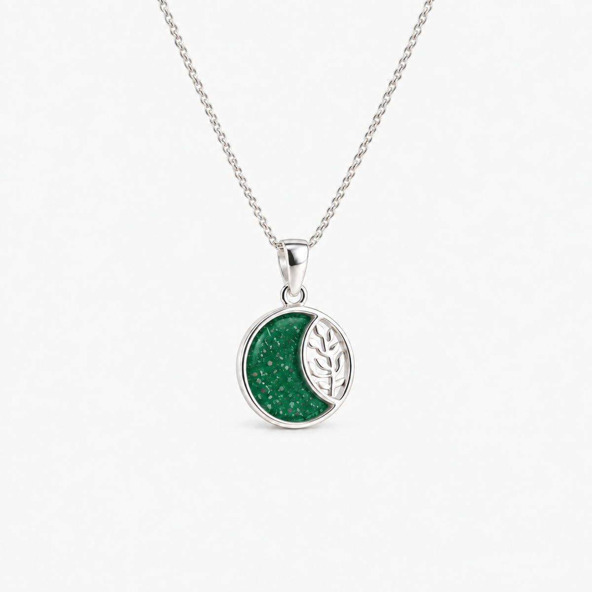 Leaf Crescent Ashes Necklace — Emerald, visible ashes