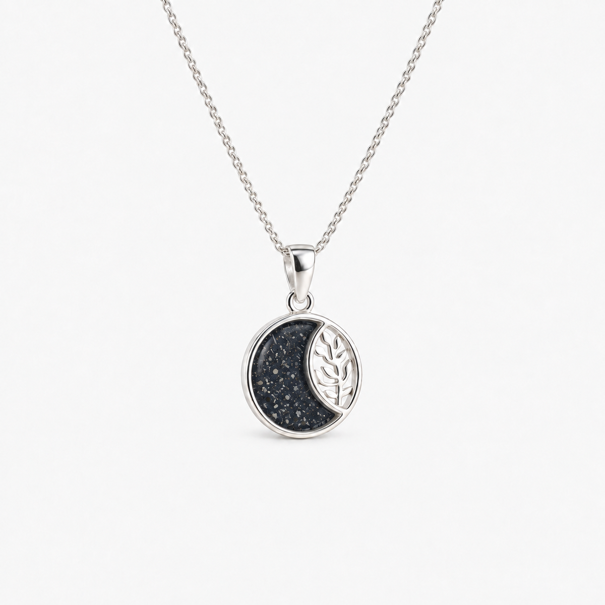 Leaf Crescent Ashes Necklace — Midnight, visible ashes