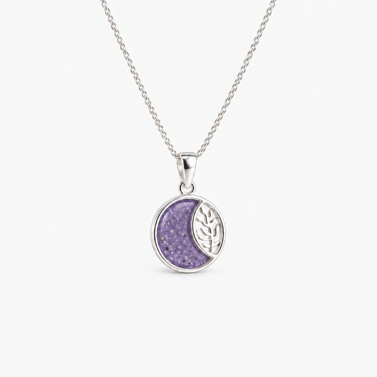 Leaf Crescent Ashes Necklace — Purple, visible ashes