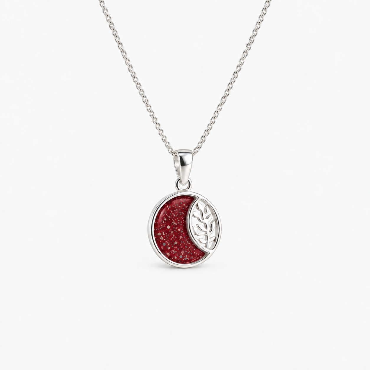 Leaf Crescent Ashes Necklace — Ruby Red, visible ashes
