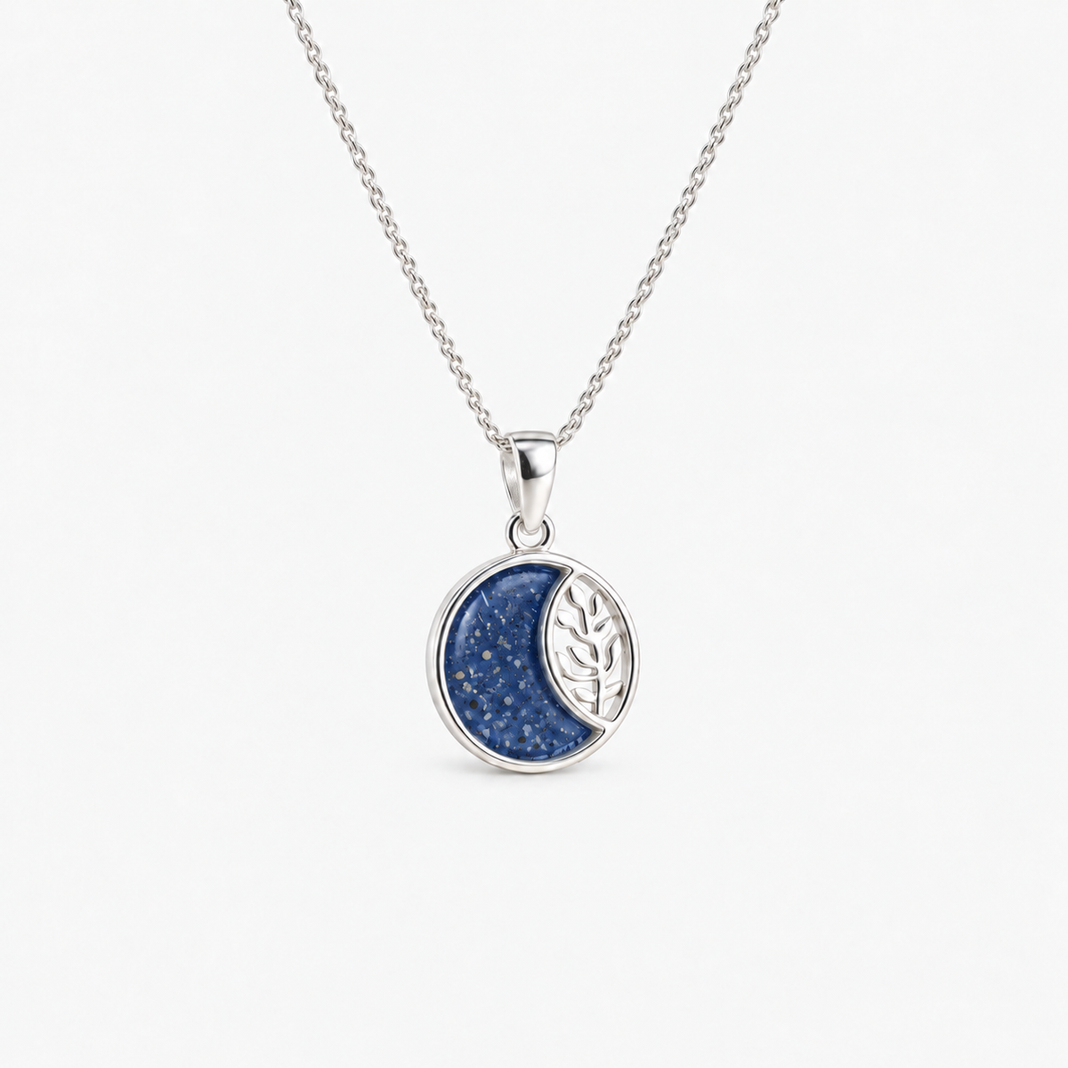 Leaf Crescent Ashes Necklace — Sapphire, visible ashes