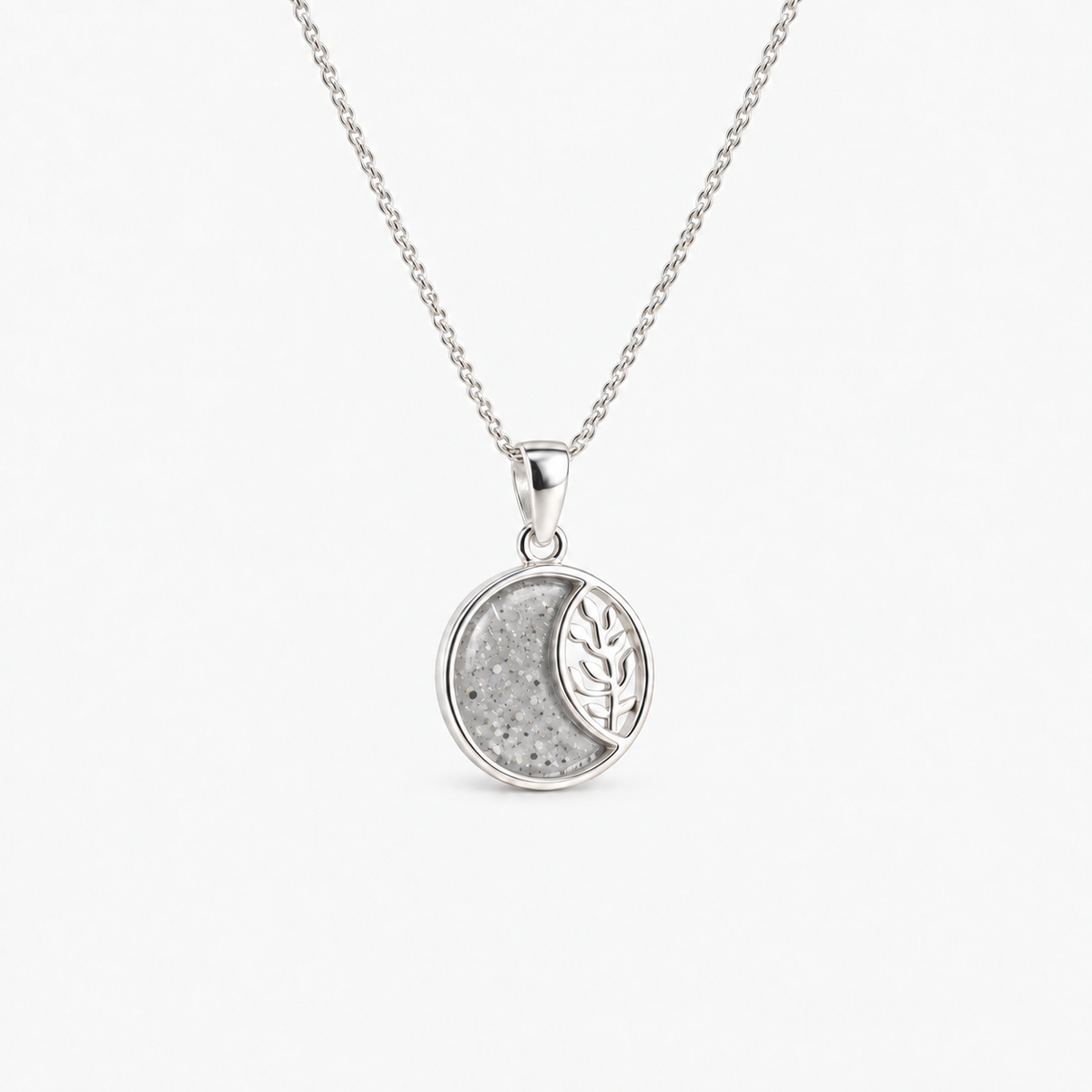 Leaf Crescent Ashes Necklace — Silver, visible ashes