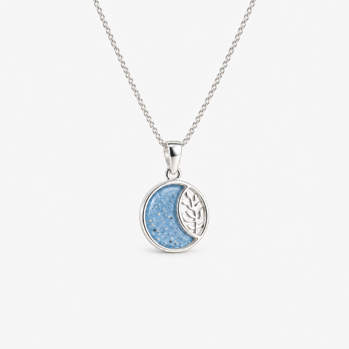 Leaf Crescent Ashes Necklace — Sky Blue, visible ashes