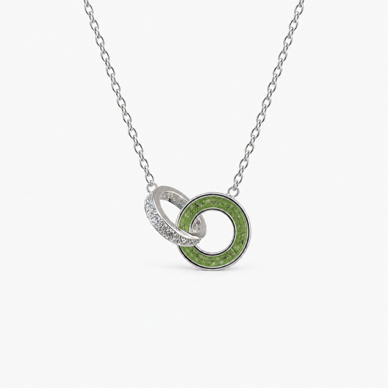Linked Circles Ashes Necklace — Apple Green, visible ashes