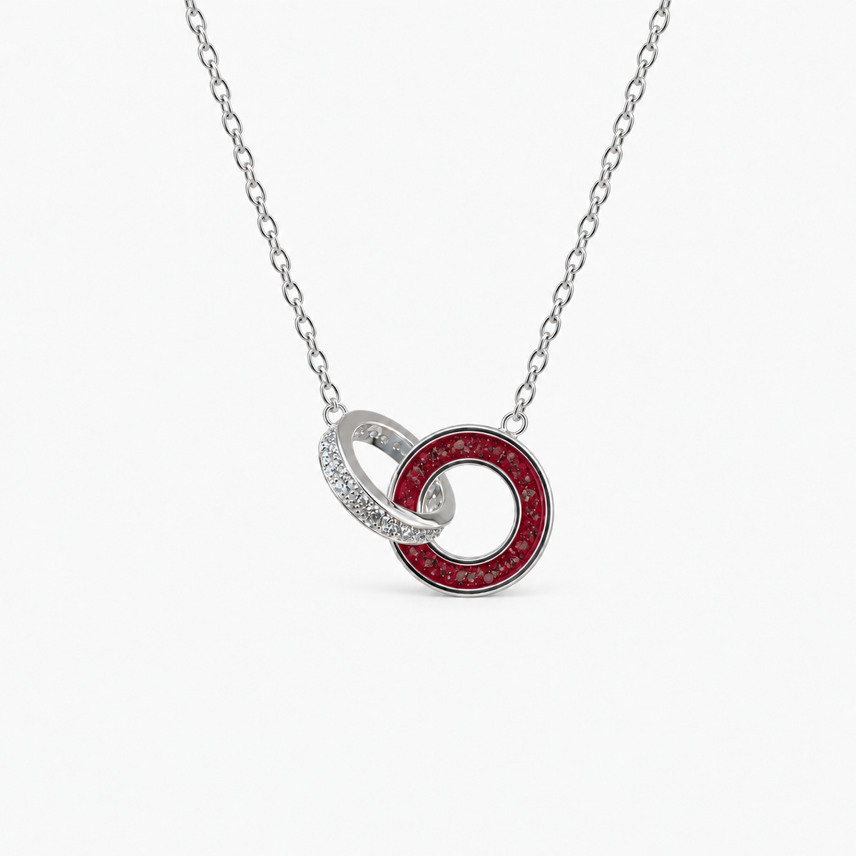 Linked Circles Ashes Necklace — Ruby Red, visible ashes