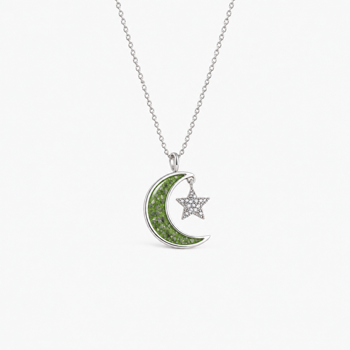 Moon and Star Ashes Necklace — Apple Green, visible ashes