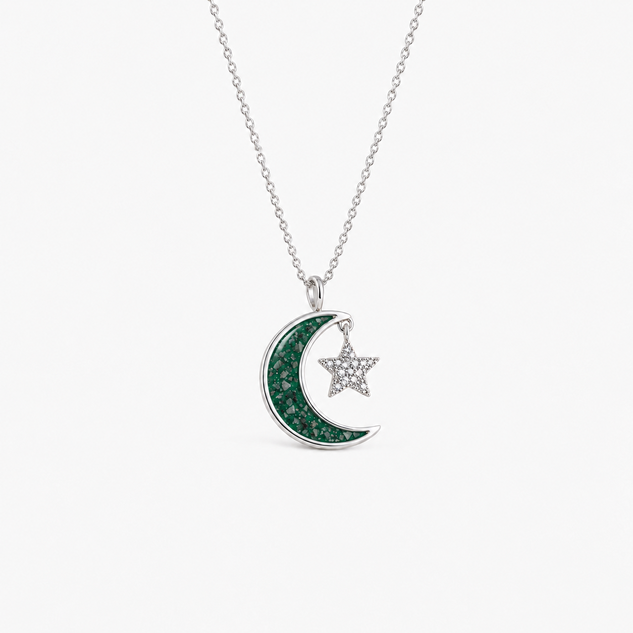 Moon and Star Ashes Necklace — Emerald, visible ashes