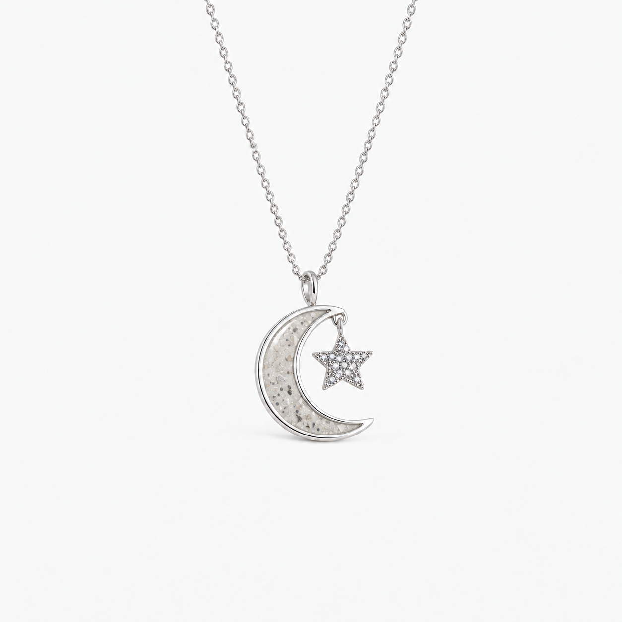 Moon and Star Ashes Necklace — Pearl, visible ashes