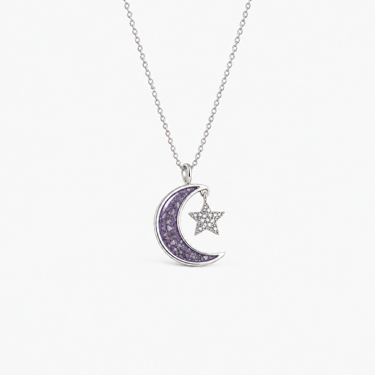 Moon and Star Ashes Necklace — Purple, visible ashes