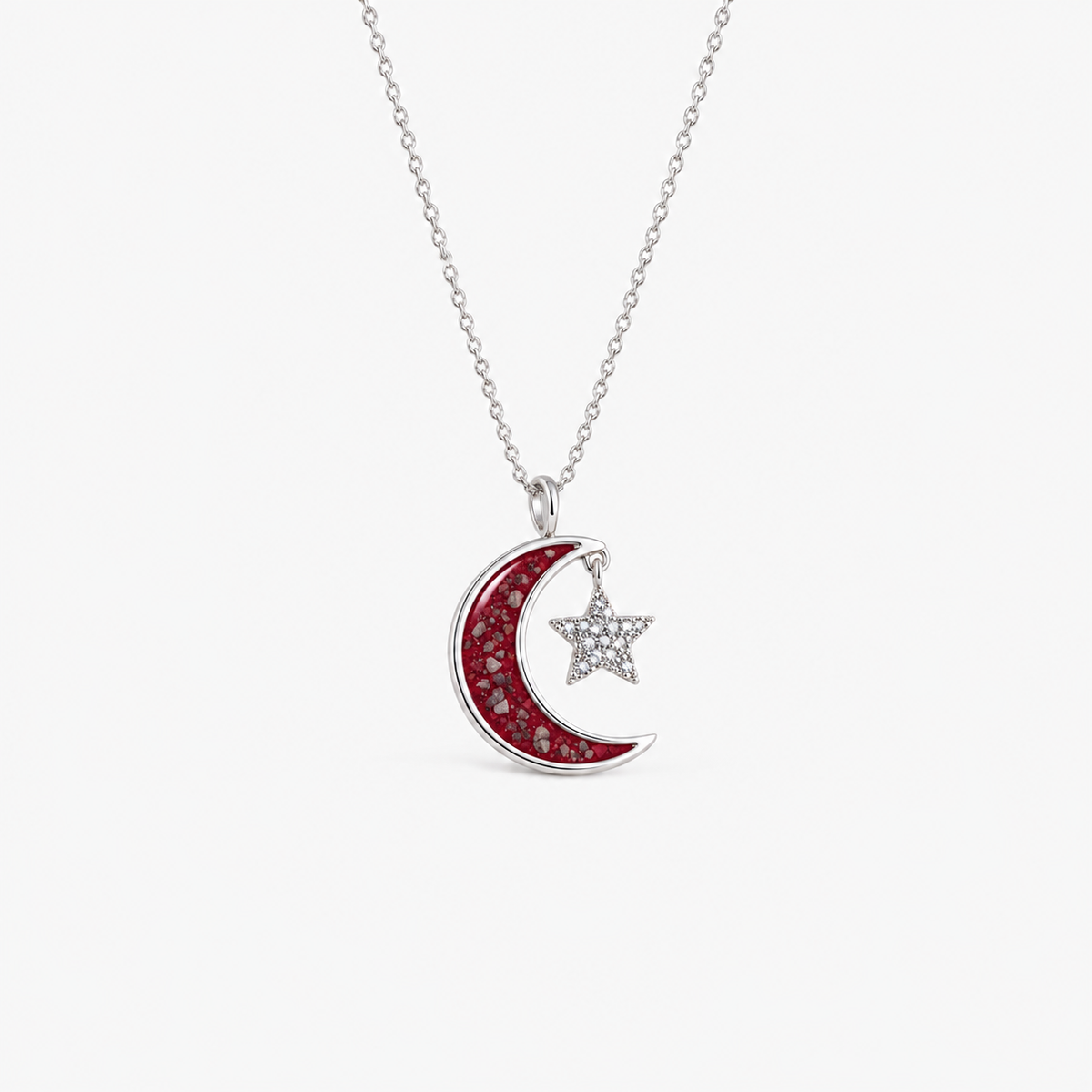 Moon and Star Ashes Necklace — Ruby Red, visible ashes
