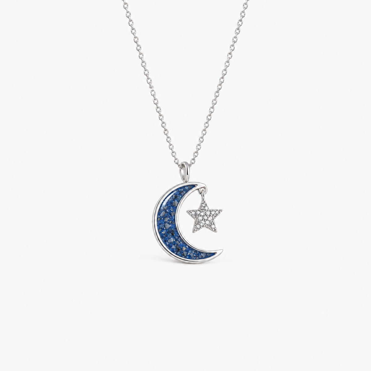 Moon and Star Ashes Necklace — Sapphire, visible ashes