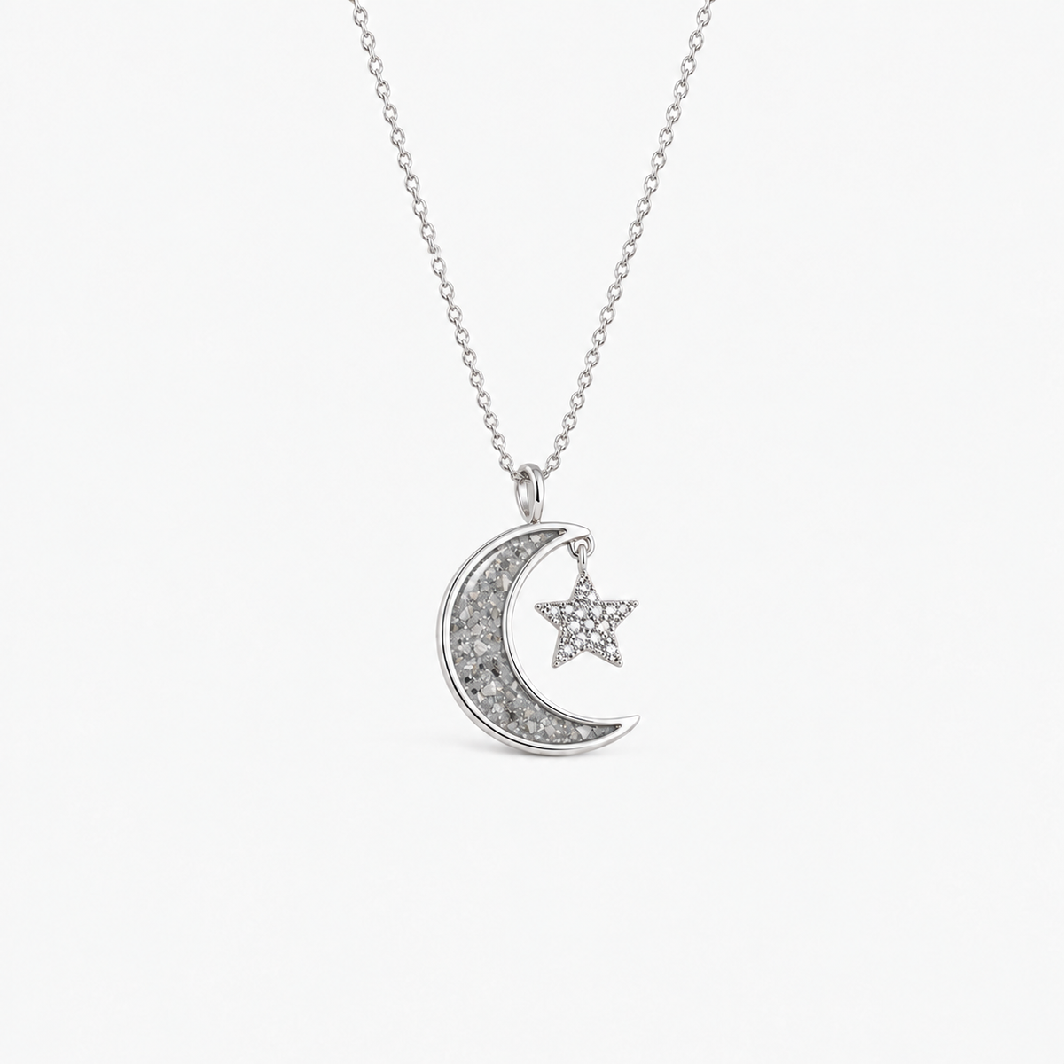 Moon and Star Ashes Necklace — Silver, visible ashes
