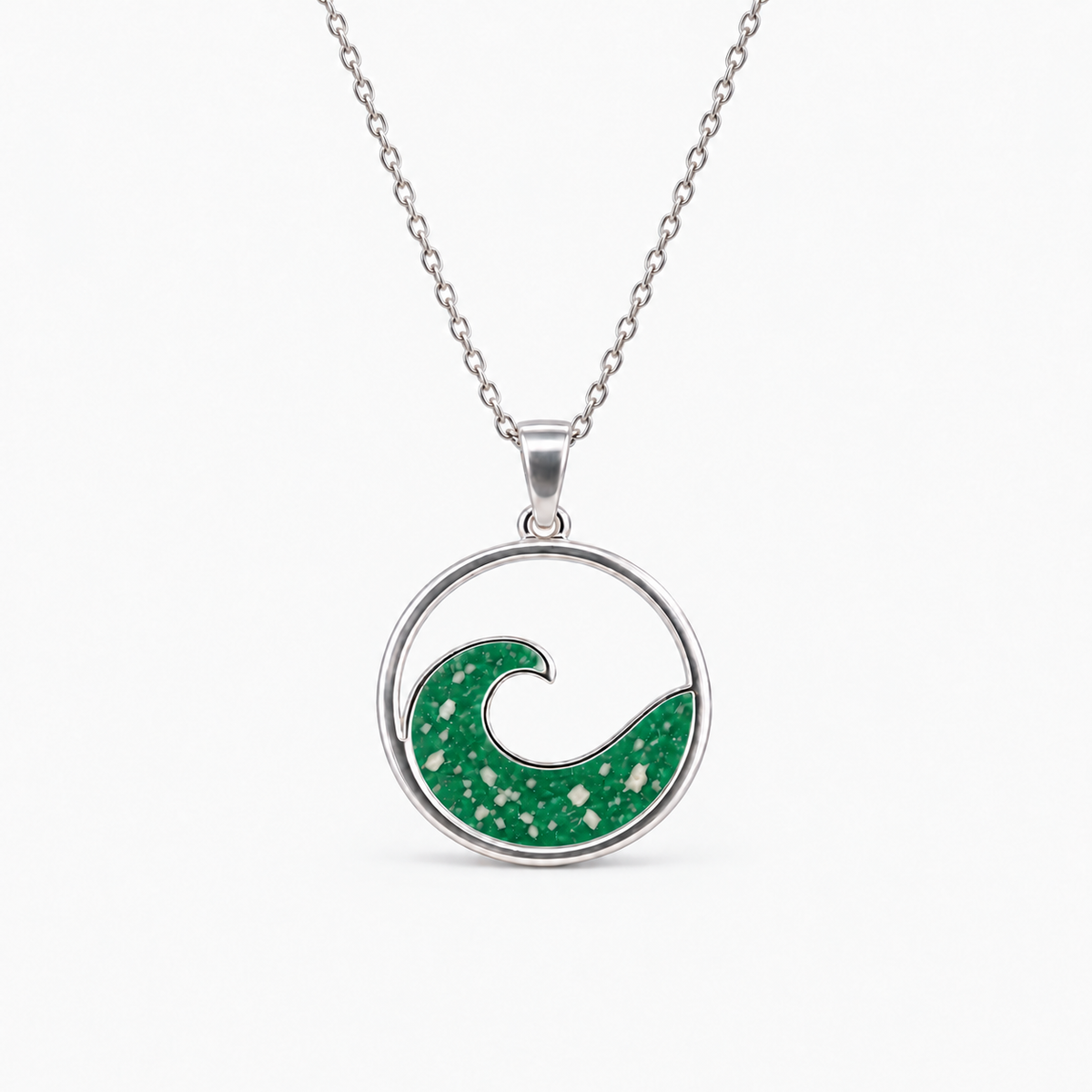 Ocean Wave Ashes Necklace — Emerald, visible ashes