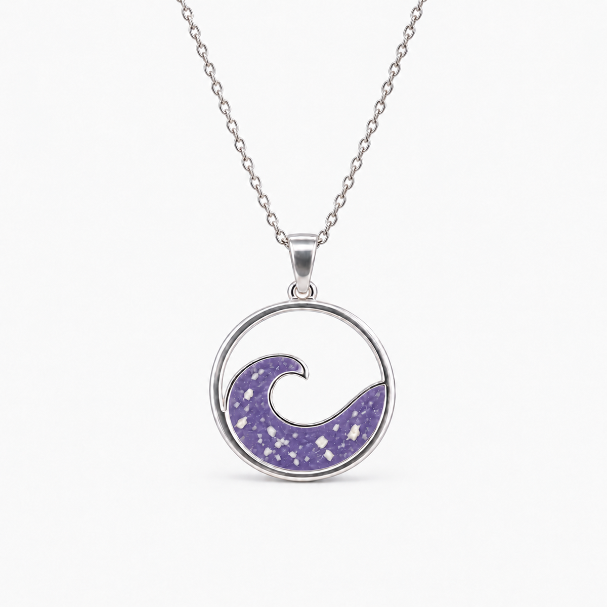 Ocean Wave Ashes Necklace — Purple, visible ashes