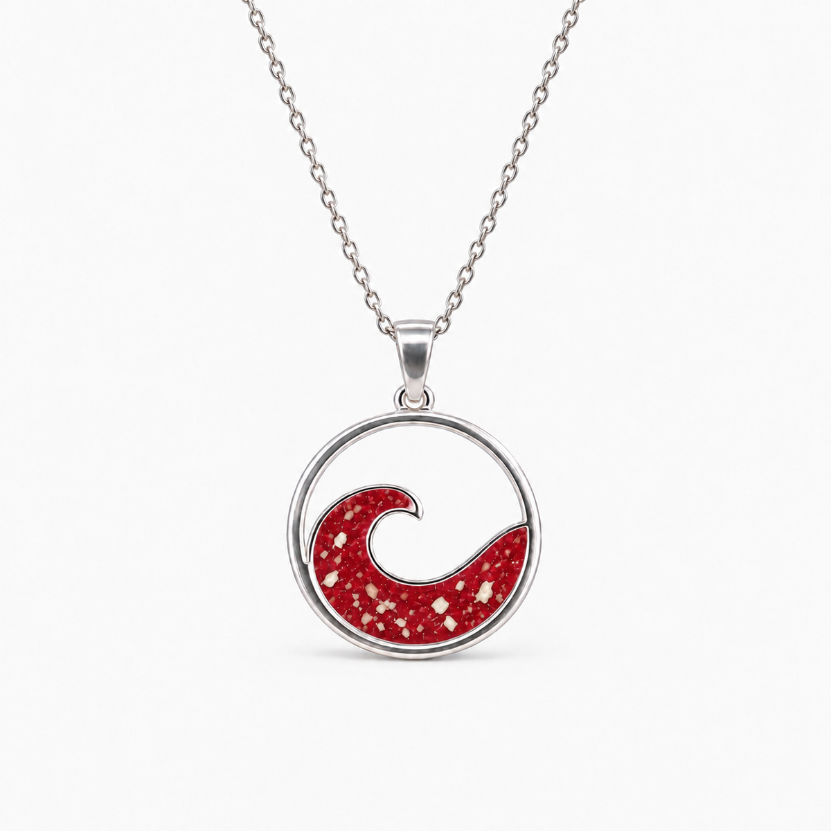 Ocean Wave Ashes Necklace — Ruby Red, visible ashes