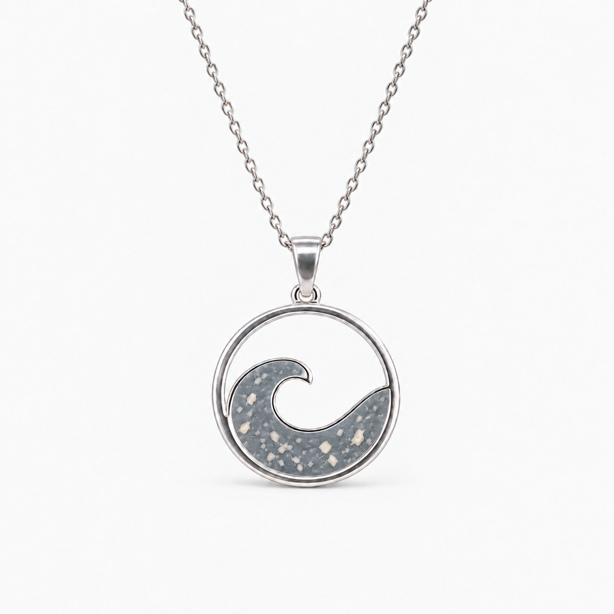 Ocean Wave Ashes Necklace — Silver, visible ashes