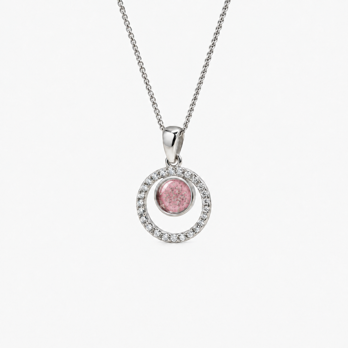 Orbit Halo Ashes Necklace — Pink, visible ashes