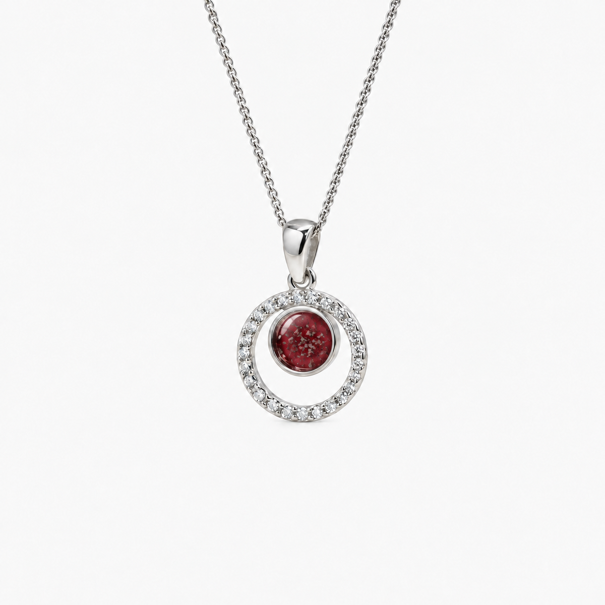 Orbit Halo Ashes Necklace — Ruby Red, visible ashes