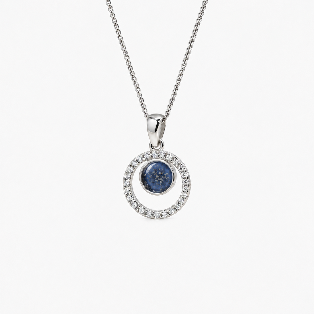 Orbit Halo Ashes Necklace — Sapphire, visible ashes