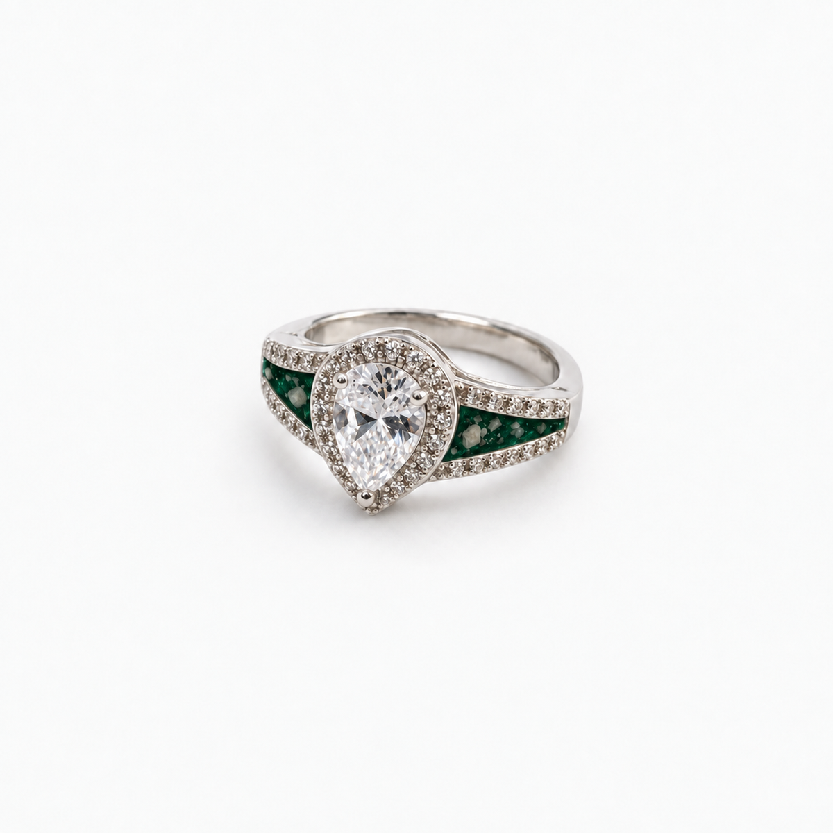 Pear CZ Ashes Ring in Emerald with visible ashes