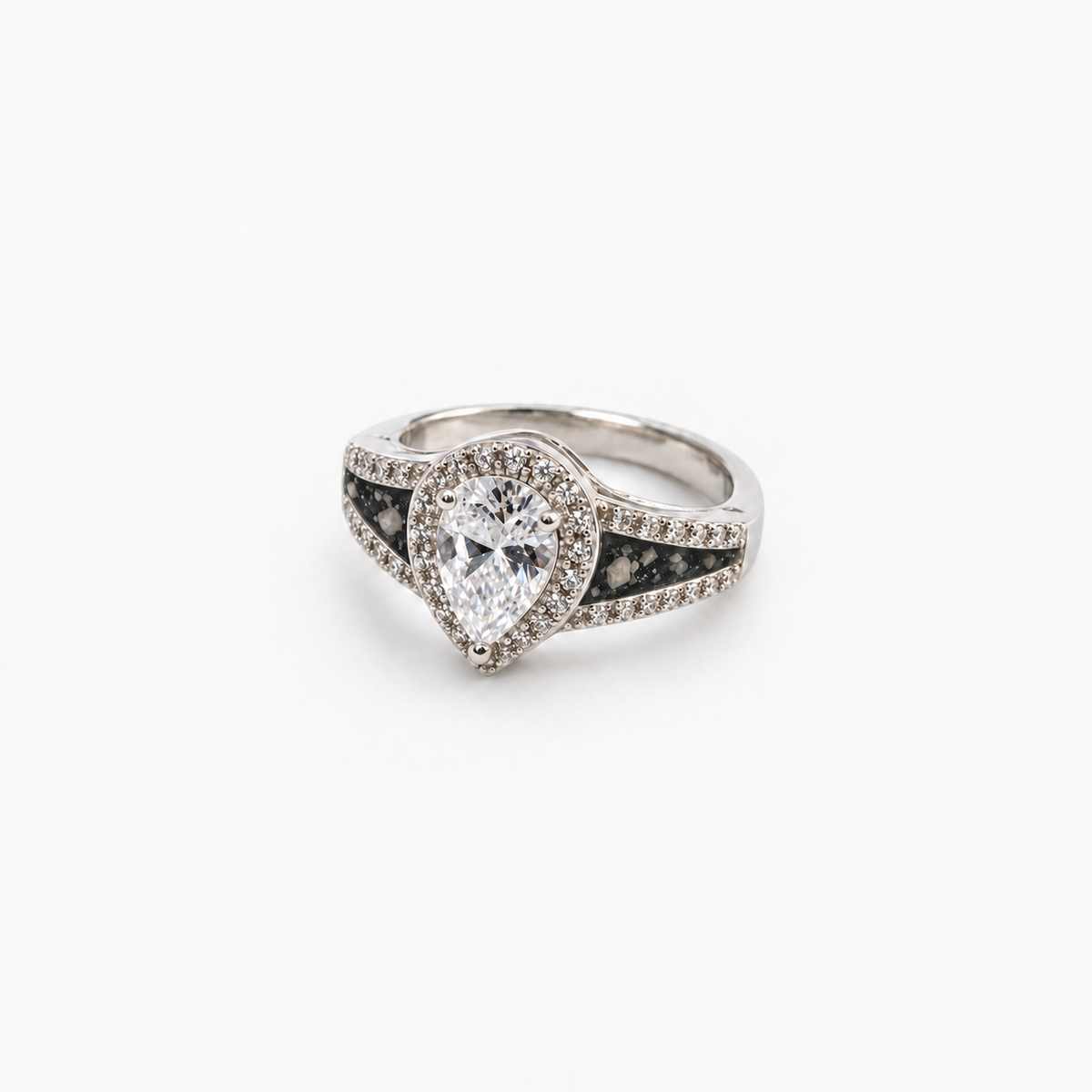 Pear CZ Ashes Ring in Midnight with visible ashes