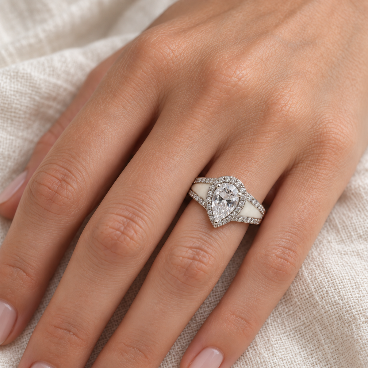 Illustrative worn view of Pear CZ Breast Milk Ring