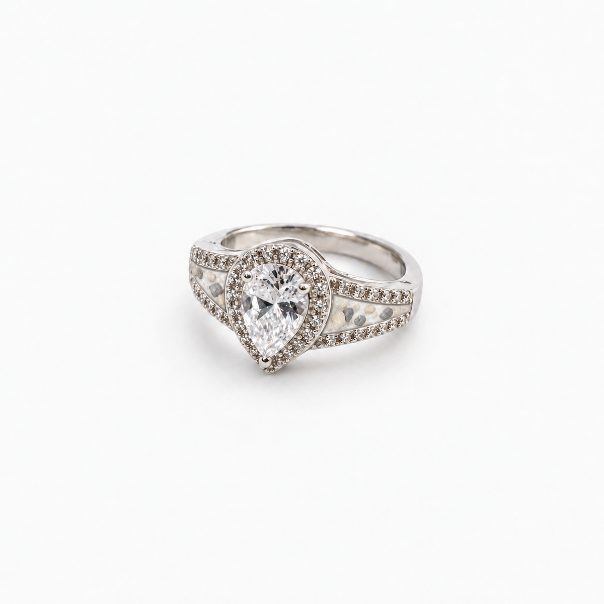 Pear CZ Ashes Ring in Pearl with visible ashes