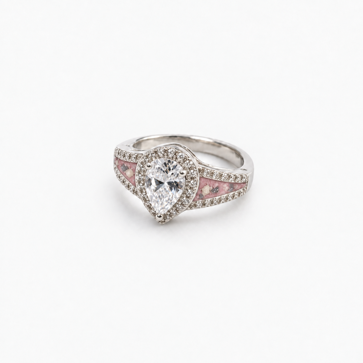 Pear CZ Ashes Ring in Pink with visible ashes