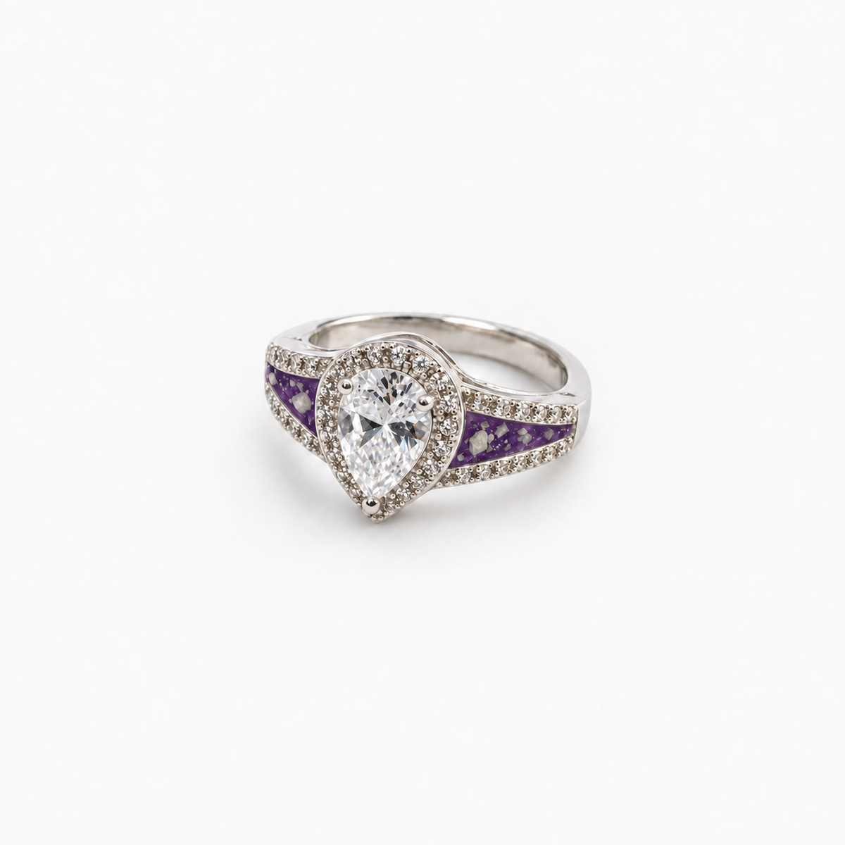 Pear CZ Ashes Ring in Purple with visible ashes