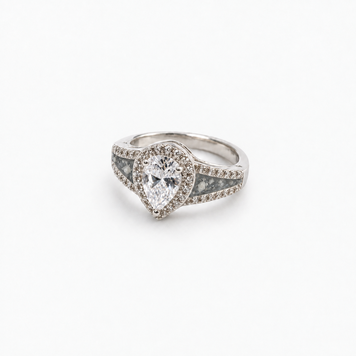 Pear CZ Ashes Ring in Silver with visible ashes
