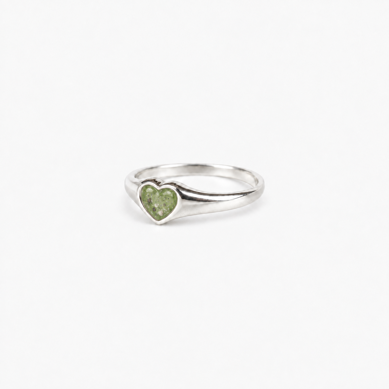 Petite Heart Ashes Ring — Apple Green, visible ashes