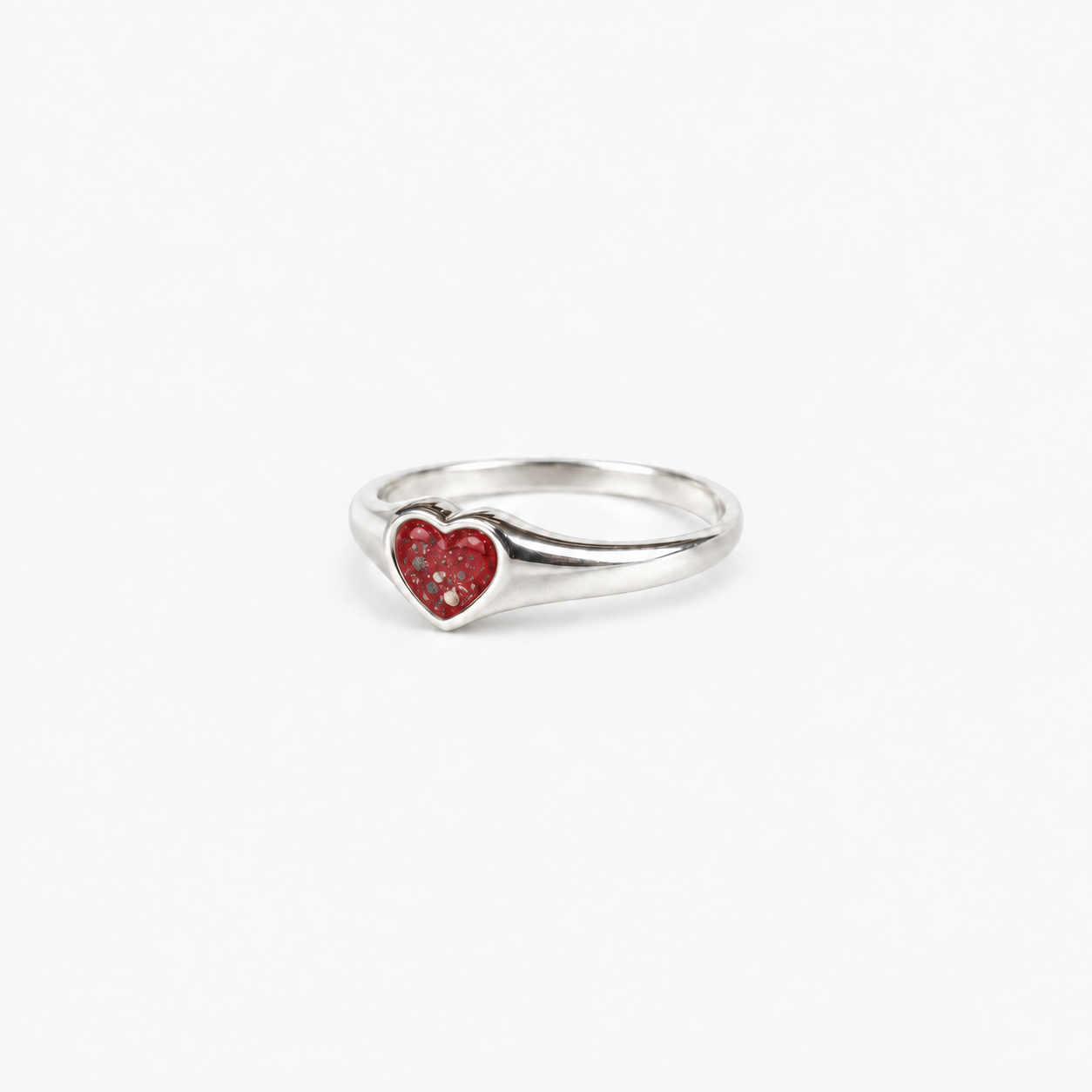Petite Heart Ashes Ring — Ruby Red, visible ashes