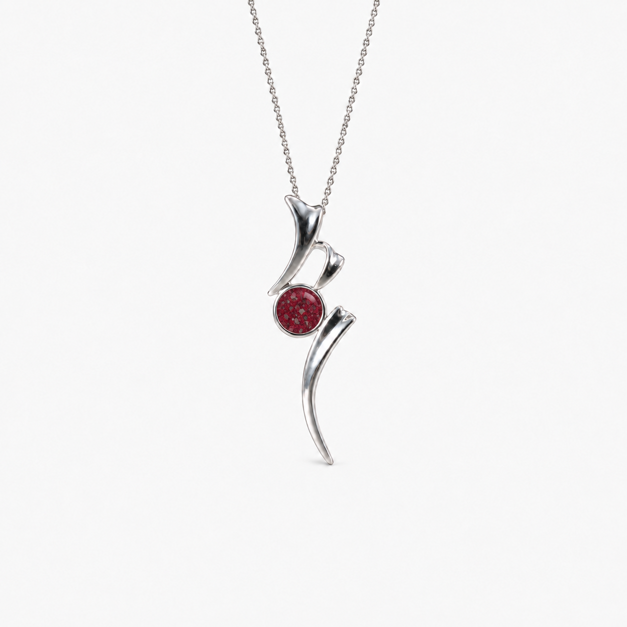 Ribbon Ashes Necklace in Ruby Red with visible inclusions