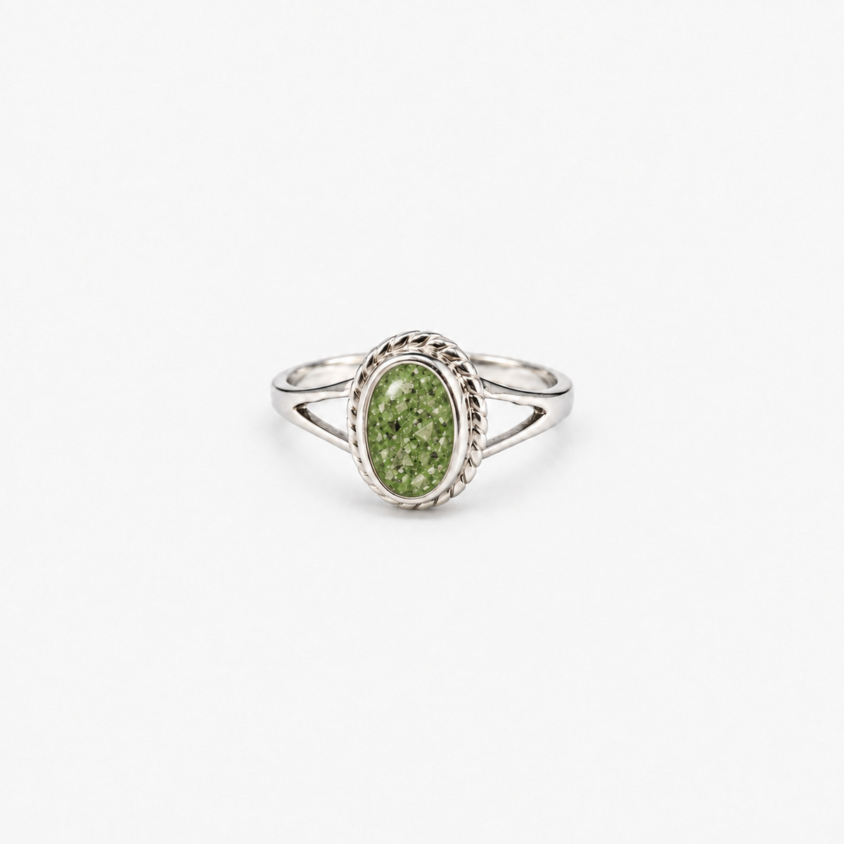 Rope Oval Ashes Ring — Apple Green, visible ashes